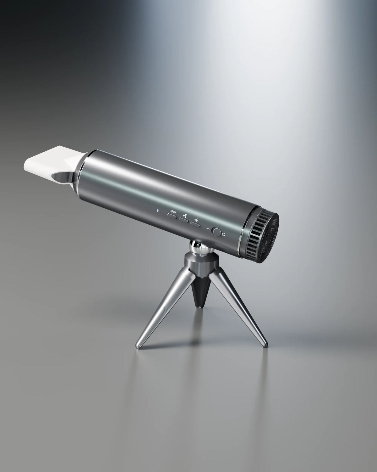 LeLunar HandsFreeDryer on its tripod, Space Grey studio shot