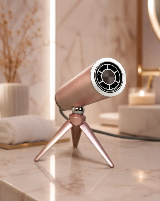 LUNAR hands-free hair dryer on tripod in marble bathroom, Sunset Rose close-up — LeLunar