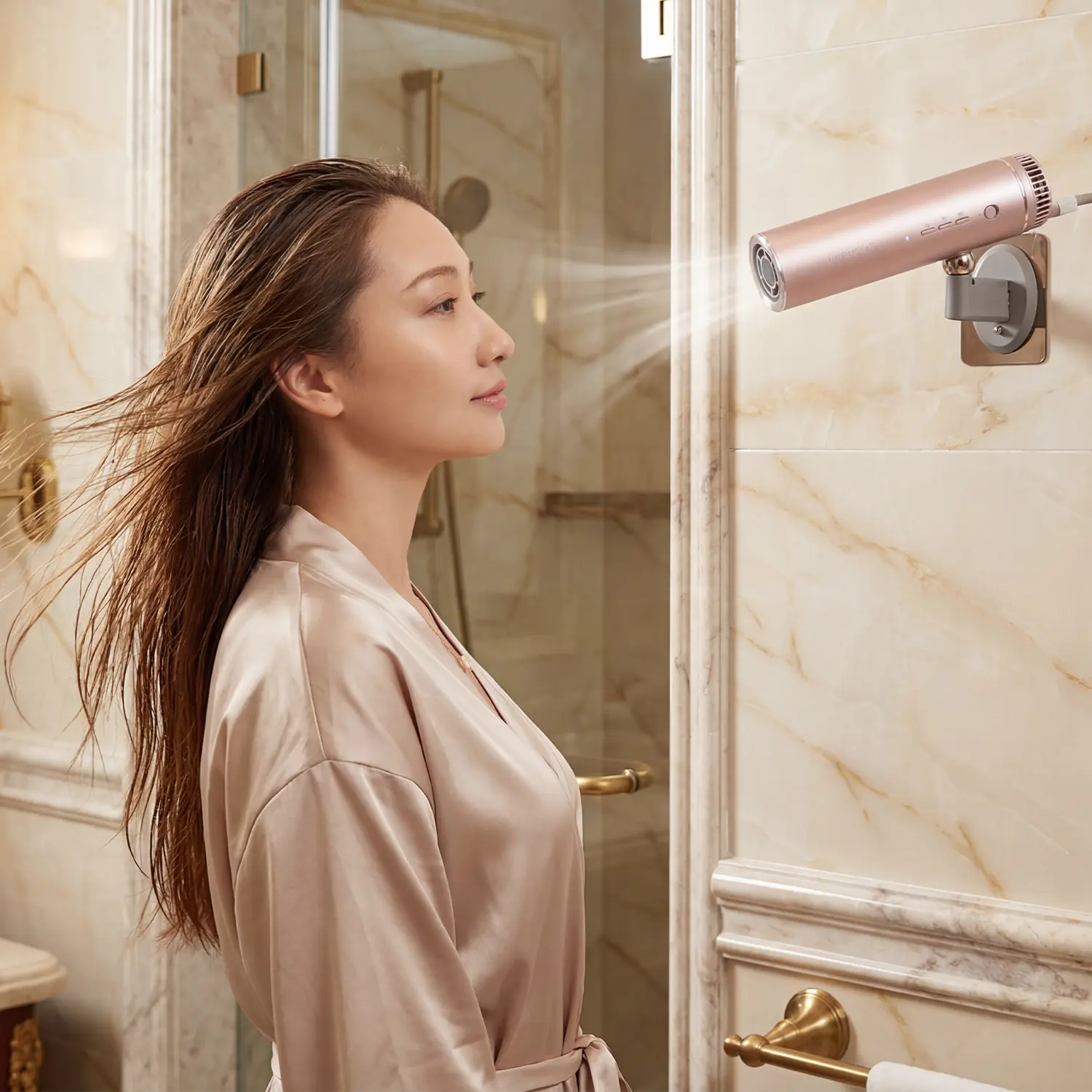 Inovaxion® Hands-free Hair Dryer – Lifestyle bathroom scene showing effortless multitasking using hands free dryer