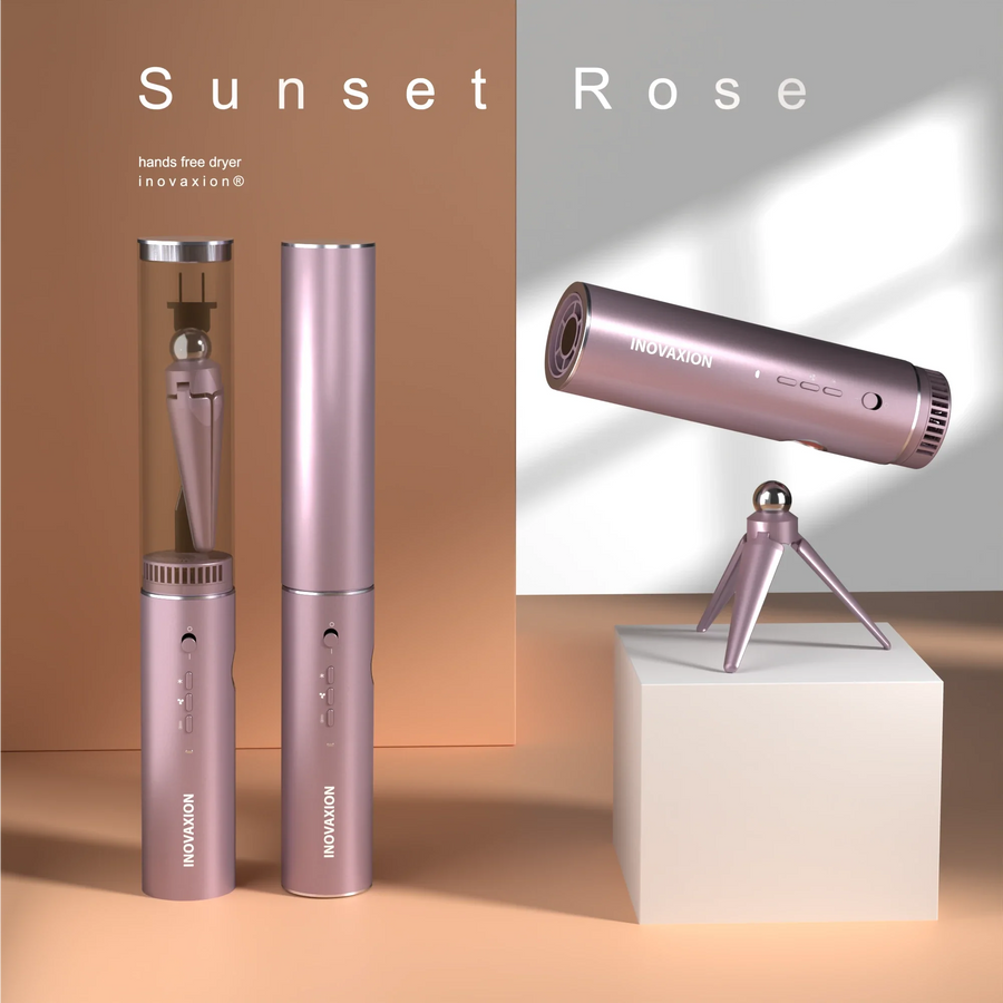 HandsFreeDryer in Sunset Rose — hands-free hair dryer by Inovaxion on its magnetic tripod