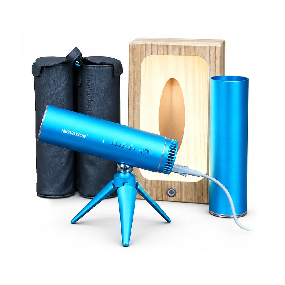 HandsFreeDryer kit in Bondi Blue — hands-free hair dryer on its folding tripod with travel capsule, wall mount and gift box