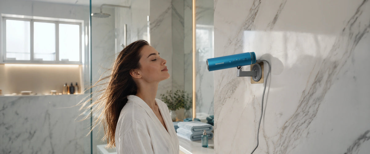 De LeLunar HandsFreeDryer set in Bondi Blue, Space Grey, Sunset Rose en Amber Gold: föhn, inklapbaar statief, wandhouder en reiscapsule